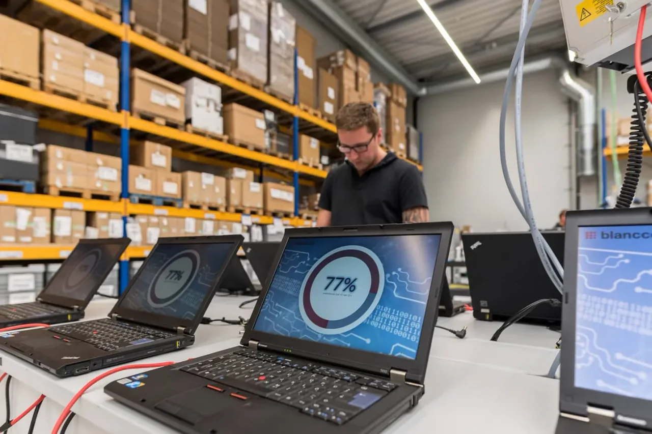 Laptops worden getest op een werkbank bij Renew-IT.
